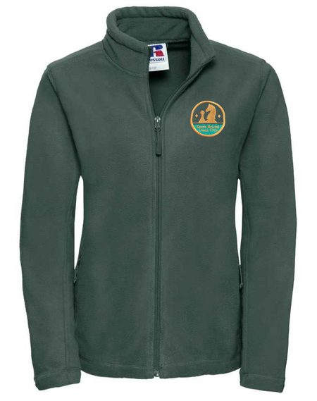 The Martin Berrill Sports Checkers Chess Club Ladies Fleece Jacket is forest green with long sleeves, a front zipper, raised collar, and a circular embroidered animal logo patch with text on the left chest.