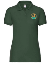Dark green ladies’ poly/cotton classic pique polo shirt by Martin Berrill Sports, featuring a yellow and teal embroidered Checkers Chess Club logo with a person and dog silhouette on the left chest.