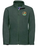 The Martin Berrill Sports Checkers Chess Club Outdoor Fleece Jacket is dark green with a front zipper and a circular embroidered logo of a dog and person on the left chest—ideal for any club collection.
