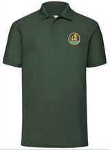 The Martin Berrill Sports Checkers Chess Club Polo Shirt is a dark green poly cotton pique short-sleeve polo with a gold and blue circular embroidered horse and chess piece logo on the left chest.