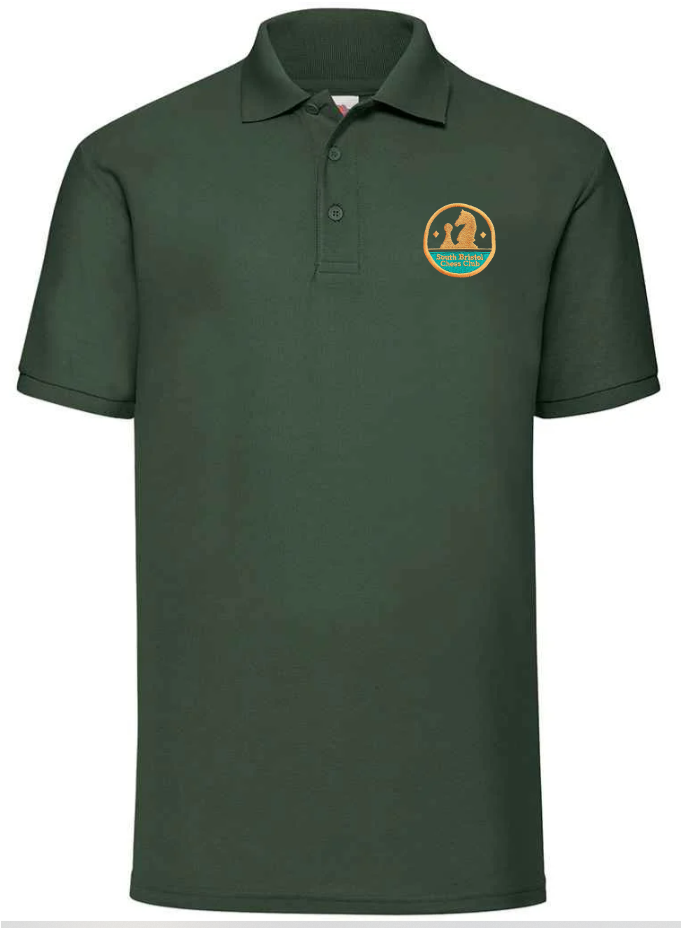 The Martin Berrill Sports Checkers Chess Club Polo Shirt is a dark green poly cotton pique short-sleeve polo with a gold and blue circular embroidered horse and chess piece logo on the left chest.