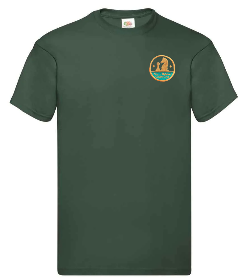 The Martin Berrill Sports Checkers Chess Club Junior Tee Shirt is a dark green cotton tee with a small embroidered logo of an orange and blue chess knight and two pawns on the upper left chest. Ideal for young chess enthusiasts.