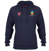 The Gray Nicolls Cheltenham Civil Service CC Velocity Hoodie is navy blue, made from sustainable cotton, features a small multicolor crest and white text on the left chest, a red/white/black rectangle logo on the right chest, drawstrings, and ribbed cuffs.