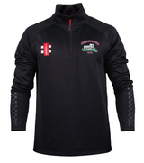The Gray Nicolls Churchdown CC Pro Thermo Fleece is a black long-sleeve quarter-zip pullover with a red zipper, checkered lower sleeves, and embroidered club badge plus a cricket emblem on the chest.