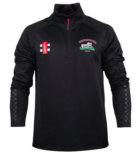 The Gray Nicolls Churchdown CC Pro Thermo Fleece is a black long-sleeve quarter-zip pullover with a red zipper, checkered lower sleeves, and embroidered club badge plus a cricket emblem on the chest.