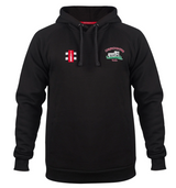 The Churchdown CC Velocity Hoodie by Gray Nicolls is a black organic cotton hoodie with a red and white rectangular logo on the left chest and an embroidered emblem featuring text and a building graphic on the right chest.