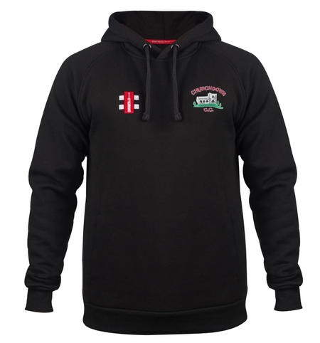 The Churchdown CC Velocity Hoodie by Gray Nicolls is a black organic cotton hoodie with a red and white rectangular logo on the left chest and an embroidered emblem featuring text and a building graphic on the right chest.
