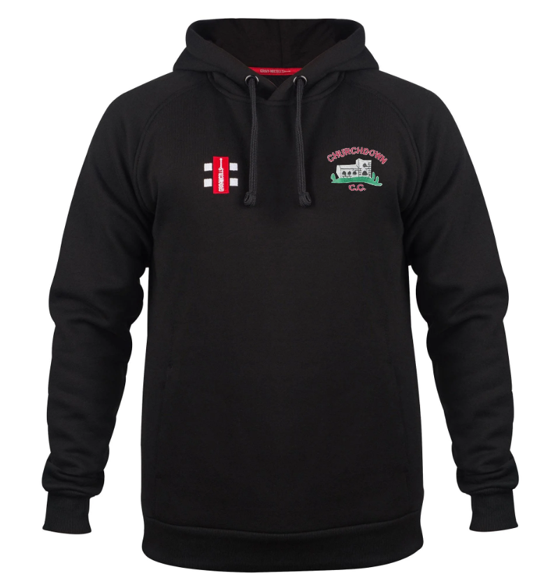 The Churchdown CC Velocity Hoodie by Gray Nicolls is a black organic cotton hoodie with a red and white rectangular logo on the left chest and an embroidered emblem featuring text and a building graphic on the right chest.