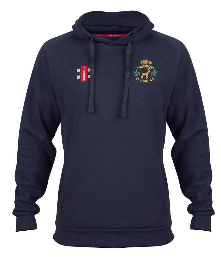 The Gray Nicolls Cinderford St Johns CC Velocity Hoodie is a navy blue organic cotton hoodie with drawstrings, embroidered with a red and white rectangular logo on the right chest and the yellow-green Cinderford St Johns CC crest on the left.