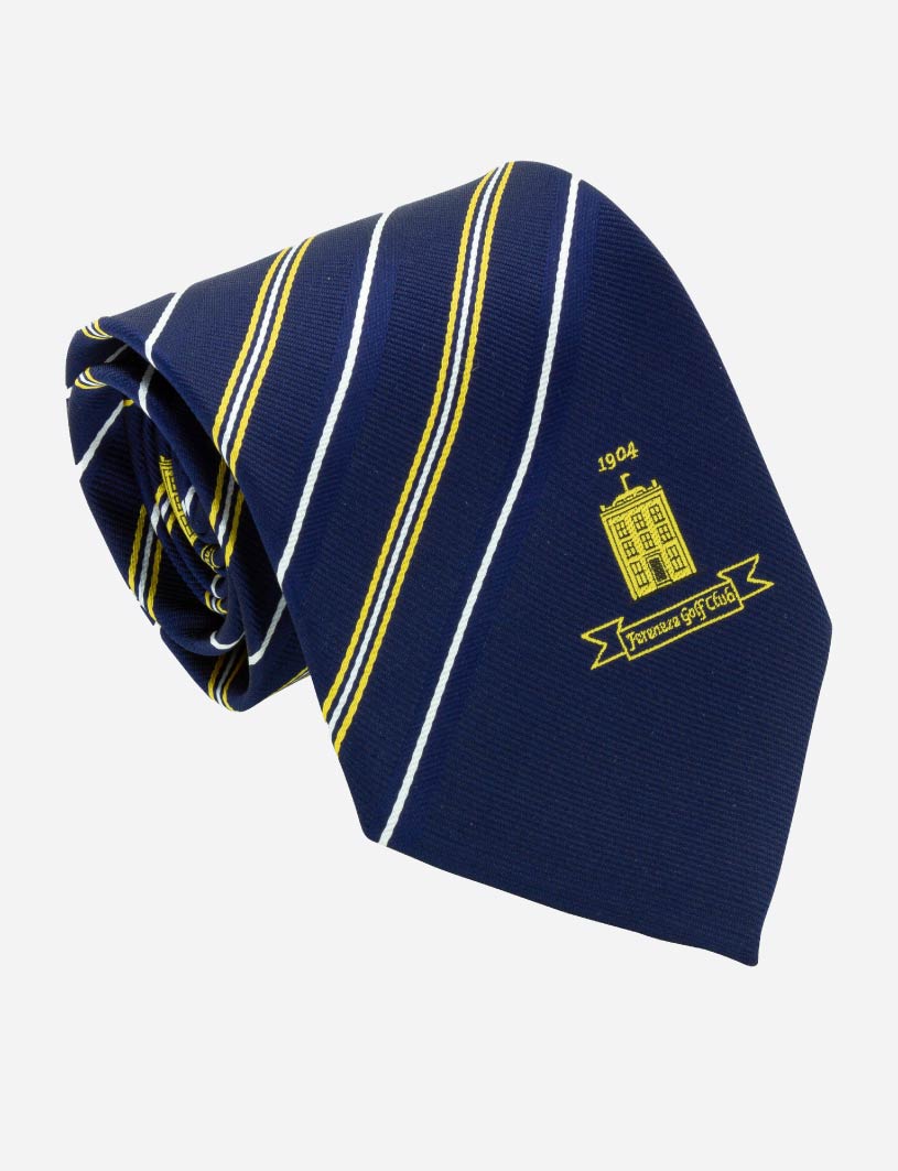 The Martin Berrill Sports Custom Club & School Tie features navy blue with yellow and white diagonal stripes, an embroidered yellow building, "1904," and a text banner on the wide end. The bespoke tie is rolled at one end.