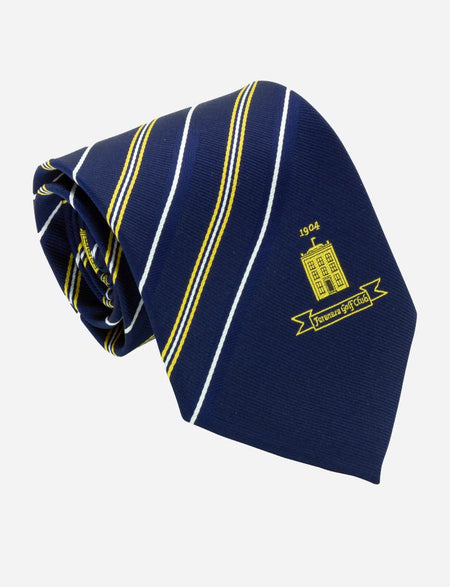 The Martin Berrill Sports Custom Club & School Tie features navy blue with yellow and white diagonal stripes, an embroidered yellow building, "1904," and a text banner on the wide end. The bespoke tie is rolled at one end.