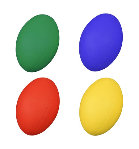 Four small, oval-shaped Reydon Sports Coated Foam Rugby Balls in green, blue, red, and yellow are arranged in a grid on a white background. Each resembles size 3 for playful practice or display.