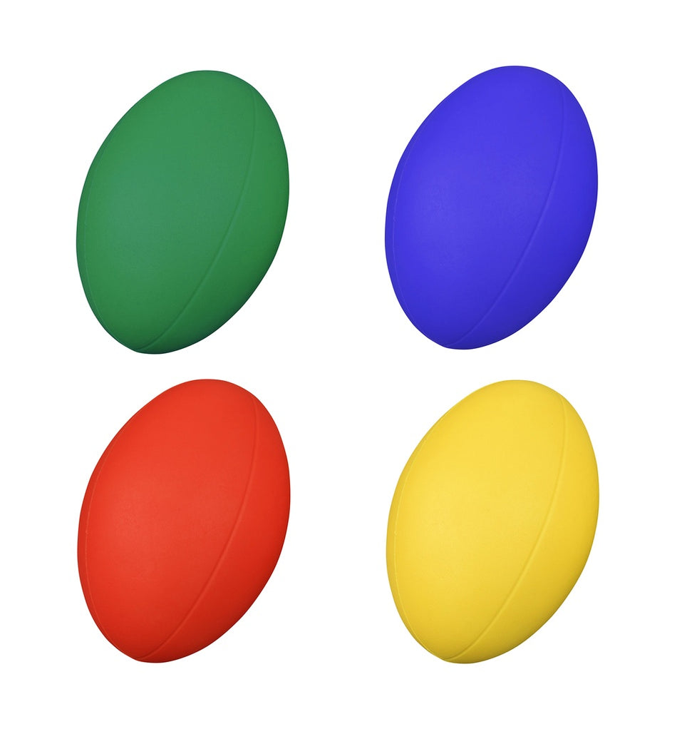 Four small, oval-shaped Reydon Sports Coated Foam Rugby Balls in green, blue, red, and yellow are arranged in a grid on a white background. Each resembles size 3 for playful practice or display.