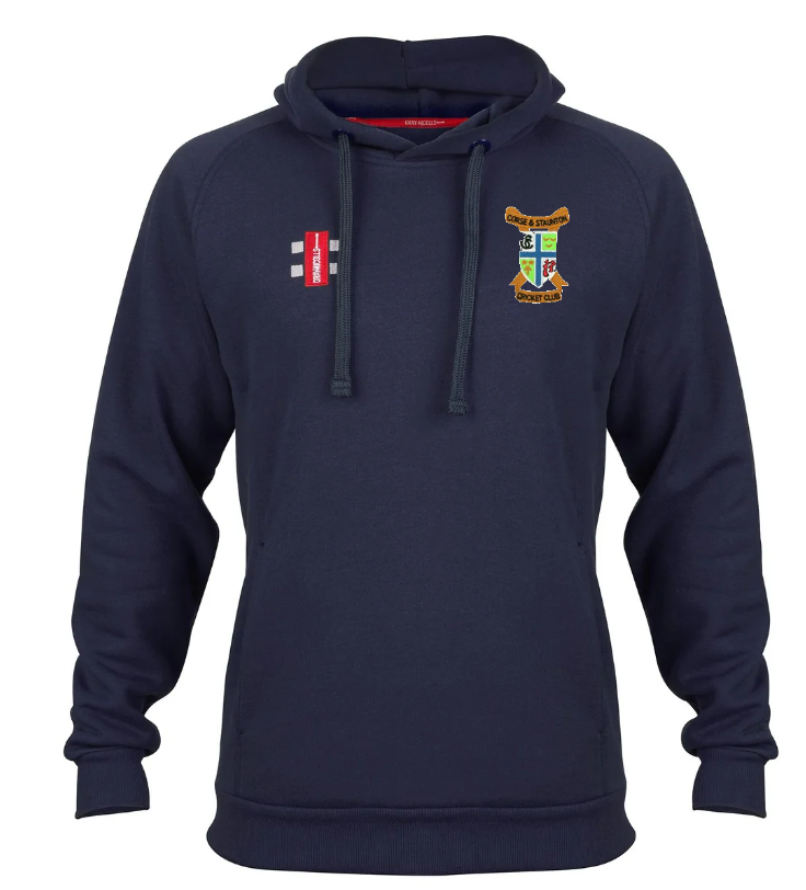 The Gray Nicolls Corse & Staunton CC Velocity Hoodie in navy features a drawstring hood, embroidered left chest crest, small red and white logo on the right, long sleeves, front pocket, and is made from soft organic cotton.
