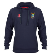 The Gray Nicolls Corse & Staunton CC Velocity Hoodie in navy features a drawstring hood, embroidered left chest crest, small red and white logo on the right, long sleeves, front pocket, and is made from soft organic cotton.