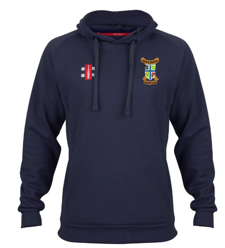 The Gray Nicolls Corse & Staunton CC Velocity Hoodie in navy features a drawstring hood, embroidered left chest crest, small red and white logo on the right, long sleeves, front pocket, and is made from soft organic cotton.