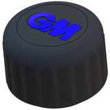 Black silicone rubber cylindrical GM Apex Counter Balance handle end cap with a textured side and a blue GM logo on the top for cricket bat counter balance.