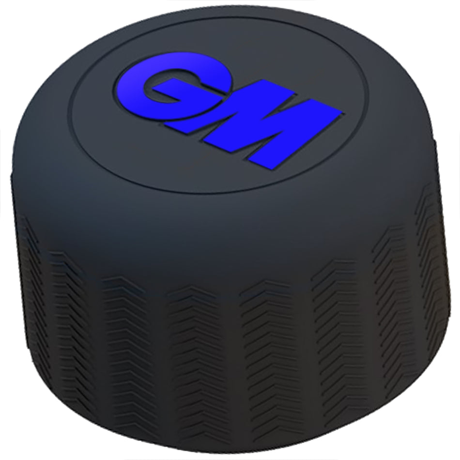Black silicone rubber cylindrical GM Apex Counter Balance handle end cap with a textured side and a blue GM logo on the top for cricket bat counter balance.