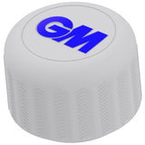White cylindrical GM Apex Counter Balance silicone rubber cricket bat weight with a blue GM logo on top and a textured herringbone pattern on the sides.