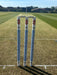 A close-up of Gray Nicolls Custom Printed Club Cricket Stumps on a well-kept pitch under sunny skies, featuring "Royal Air Force" text, with a scoreboard and trees visible in the background.