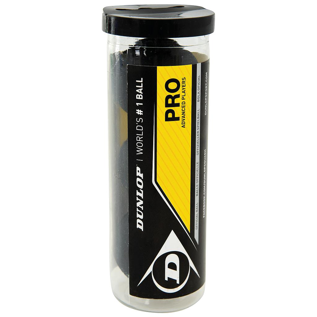 The Dunlop Pro Squash Balls (3 Ball Tube) by Dunlop comes in a transparent cylindrical tube with a black lid, holding three double yellow dot balls for advanced players. The package displays the Dunlop logo in a yellow and black design.