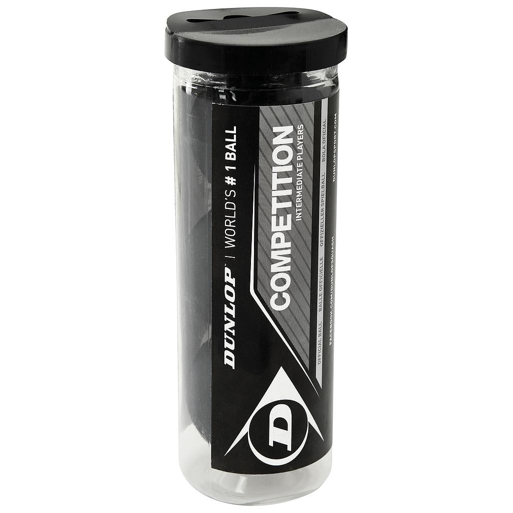 A transparent tube with a black lid holds Dunlop Competition Squash Balls (3 Ball Tube). The label displays Dunlop World's #1 Ball and Competition in bold, featuring the large D logo at the bottom. Ideal for club or intermediate play.