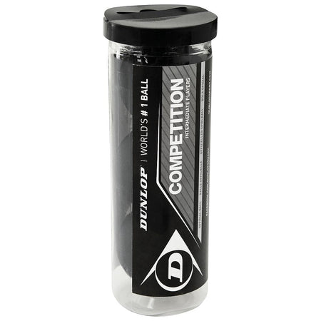 A transparent tube with a black lid holds Dunlop Competition Squash Balls (3 Ball Tube). The label displays Dunlop World's #1 Ball and Competition in bold, featuring the large D logo at the bottom. Ideal for club or intermediate play.