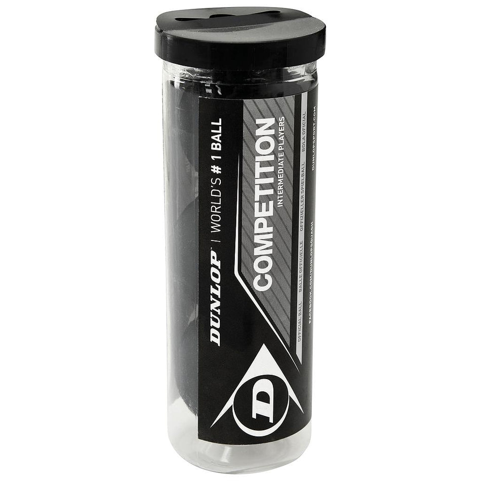 A transparent tube with a black lid holds Dunlop Competition Squash Balls (3 Ball Tube). The label displays Dunlop World's #1 Ball and Competition in bold, featuring the large D logo at the bottom. Ideal for club or intermediate play.