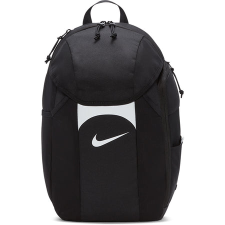 The Nike Academy Team Backpack in Black/White features a white Swoosh, Storm-FIT rain protection, a top handle, side pockets, and zippered compartments.