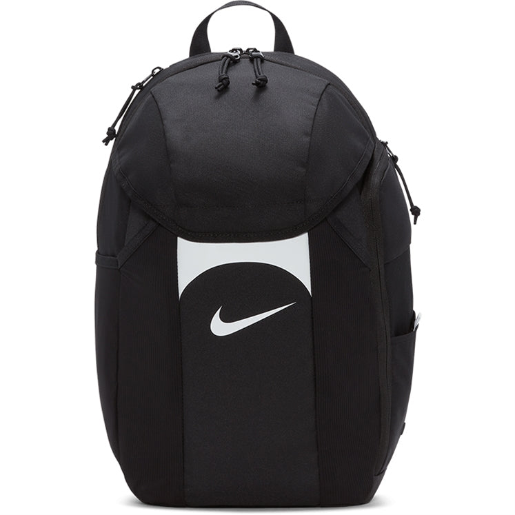 The Nike Academy Team Backpack in Black/White features a white Swoosh, Storm-FIT rain protection, a top handle, side pockets, and zippered compartments.
