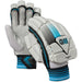 A pair of Gunn & Moore Diamond 404 Batting Gloves 2026 in white with black, blue, and gray accents is shown front and back. These gloves feature padded sections and the GM logo on the wrist for style and protection.