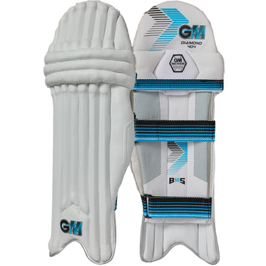 The Gunn & Moore Diamond 404 Batting Pads 2026, in white and blue, feature padded vertical ridges on the front and straps with GM branding on the back—ideal entry-level cricket protection for youth beginners.