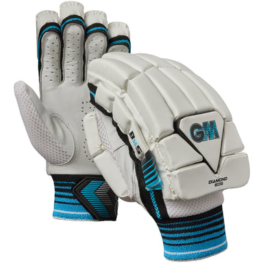 A pair of Gunn & Moore Diamond 606 Batting Gloves 2026 in white with black, teal, and blue accents—featuring a ventilated leather palm, padded back, and GM Diamond 808 logo for top comfort and grip.
