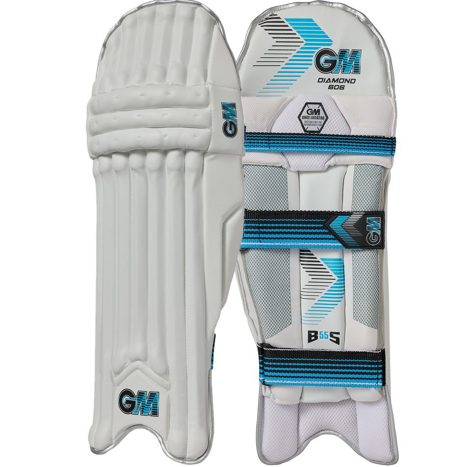 The Gunn & Moore Diamond 606 Batting Pads 2026 are white with blue and black accents, featuring cushioned sections and adjustable straps for a secure fit—ideal cricket leg guards inspired by professional quality.