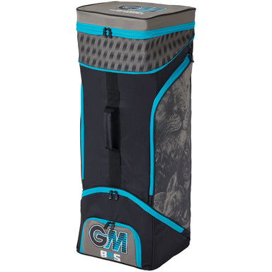 The Gunn & Moore 808 Diamond Duffle 2026 is a tall, rectangular black and blue polyester gear bag with adjustable shoulder straps, a side handle, GM branding on the front pocket, and a striking wolf graphic on the side.