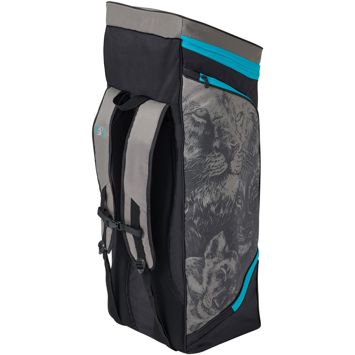 The Gunn & Moore 808 Diamond Duffle 2026 is a large black and gray polyester bag with turquoise accents, wild cat illustrations on the side pocket, and adjustable padded shoulder straps.