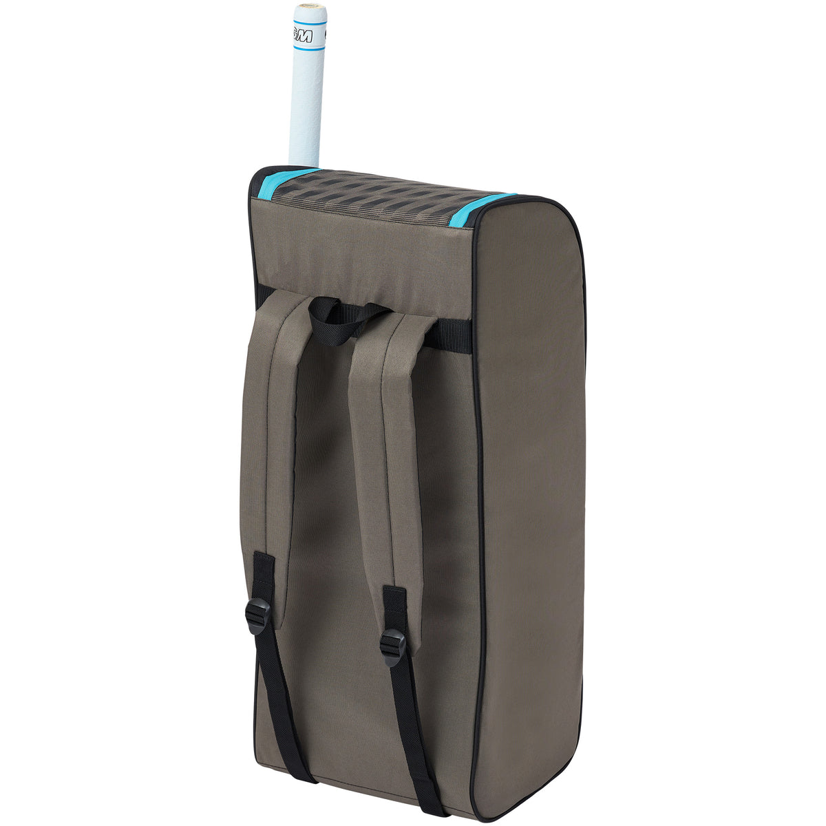 The Gunn & Moore Diamond Duffle 2026, a gray rectangular junior cricket bag with two shoulder straps, displays a blue and white cricket bat partially tucked into its top compartment.