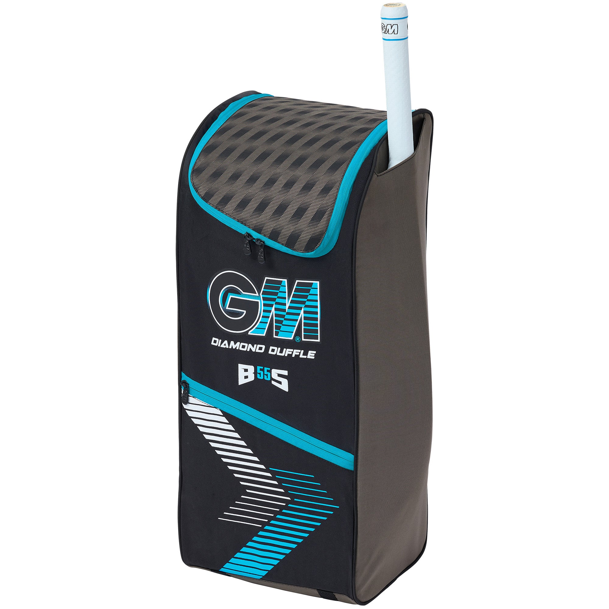 The Gunn & Moore Diamond Duffle 2026 is a black and grey cricket bag with blue accents, ideal for beginners for practice sessions, featuring the signature GM branding and space for your cricket gear.