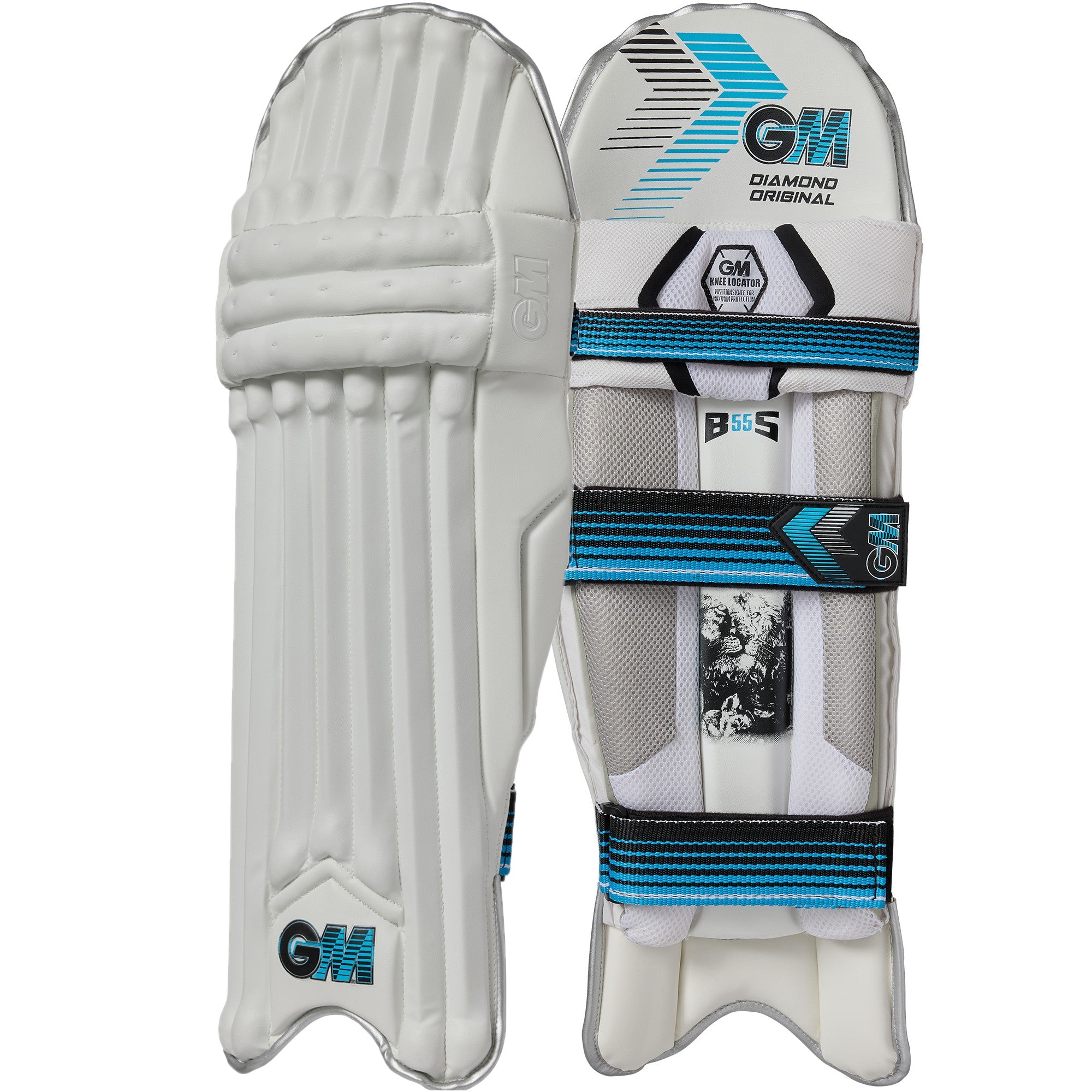 A pair of Gunn & Moore Diamond Original Batting Pads 2026 in white with blue and black accents; one displays the GM logo on the front, while the other shows adjustable blue-striped straps and interior padding on the back.