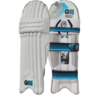 A pair of Gunn & Moore Diamond Original Batting Pads 2026 in white with blue and black accents; one displays the GM logo on the front, while the other shows adjustable blue-striped straps and interior padding on the back.