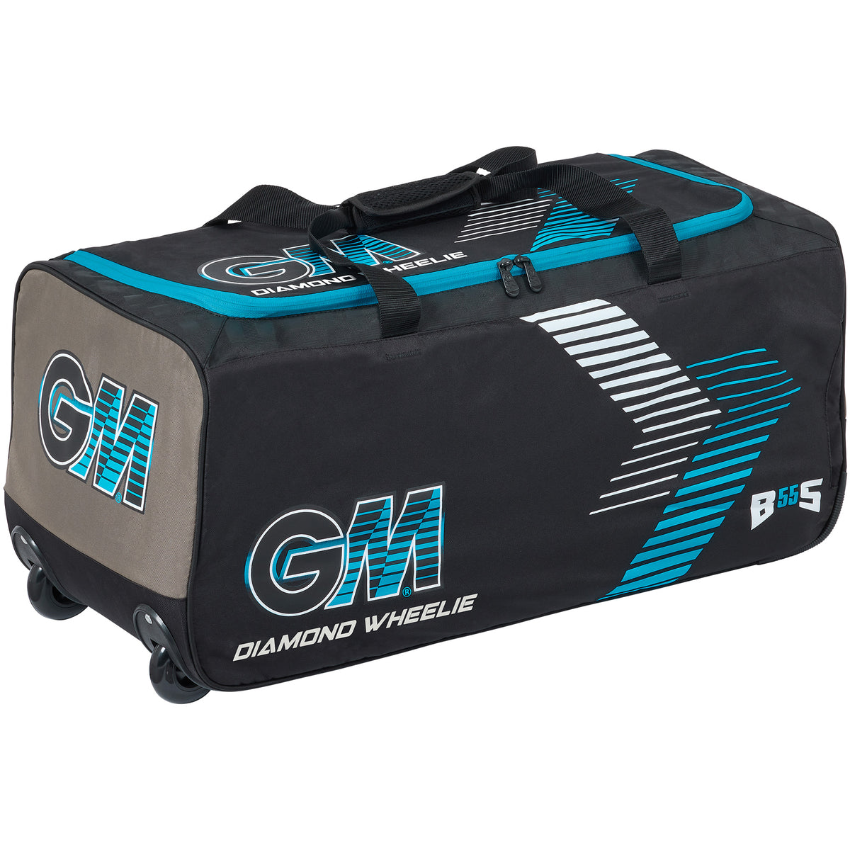 The Gunn & Moore Diamond Wheelie 2026 is a large black cricket bag with turquoise and white accents, GM and Diamond Wheelie branding, a wheel system, bat sleeve, carrying handles, and a zippered main compartment.