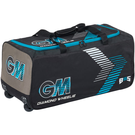 The Gunn & Moore Diamond Wheelie 2026 is a large black cricket bag with turquoise and white accents, GM and Diamond Wheelie branding, a wheel system, bat sleeve, carrying handles, and a zippered main compartment.