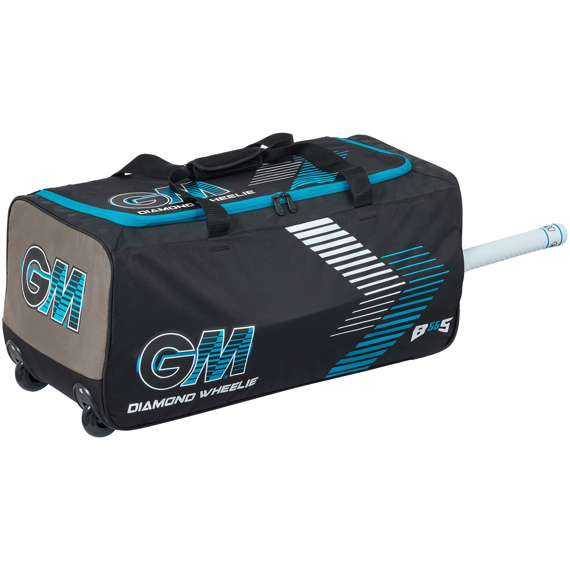 The Gunn & Moore Diamond Wheelie 2026 cricket bag, in black with blue and white accents, features a sturdy wheel system, a handle, and a side compartment with a partially inserted bat in the dedicated sleeve.