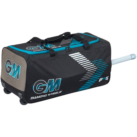 The Gunn & Moore Diamond Wheelie 2026 cricket bag, in black with blue and white accents, features a sturdy wheel system, a handle, and a side compartment with a partially inserted bat in the dedicated sleeve.