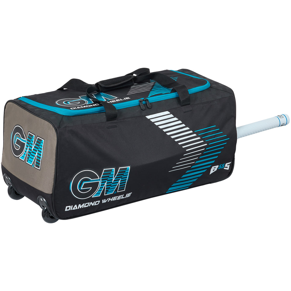 The Gunn & Moore Diamond Wheelie 2026 cricket bag, in black with blue and white accents, features a sturdy wheel system, a handle, and a side compartment with a partially inserted bat in the dedicated sleeve.
