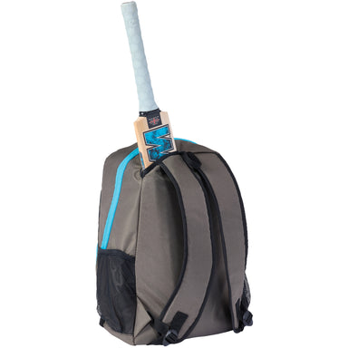 The Gunn & Moore Diamond Backpack 2026 is a gray and black cricket bag with blue accents, featuring junior bat storage in the center pocket, mesh side pockets, and two comfortable shoulder straps.