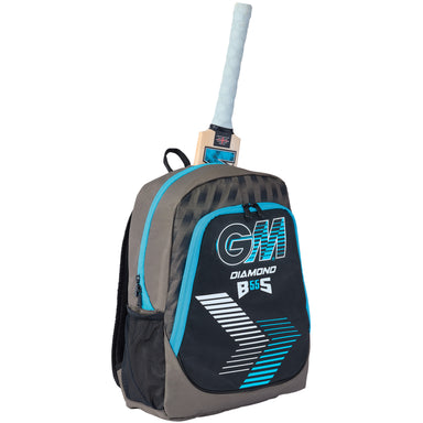 The Gunn & Moore Diamond Backpack 2026 is a durable gray and black sports bag with blue accents, designed for junior bat storage, featuring a cricket bat partially visible at the top.