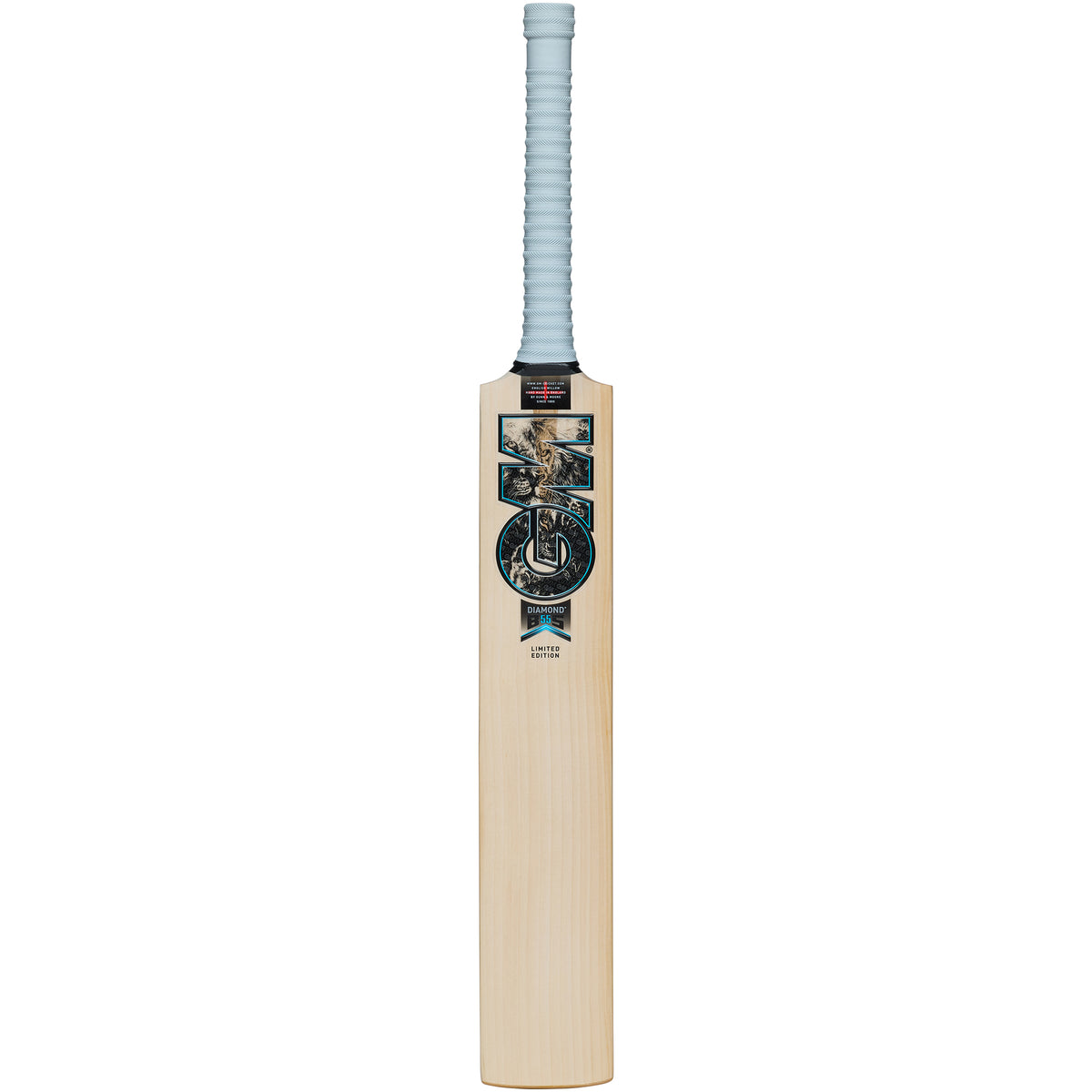 The Gunn & Moore Diamond DXM Junior Cricket Bat 2026 features an English willow blade, a grey rubber handle grip, and a bold decorative sticker inspired by the Diamond bat design on the front.