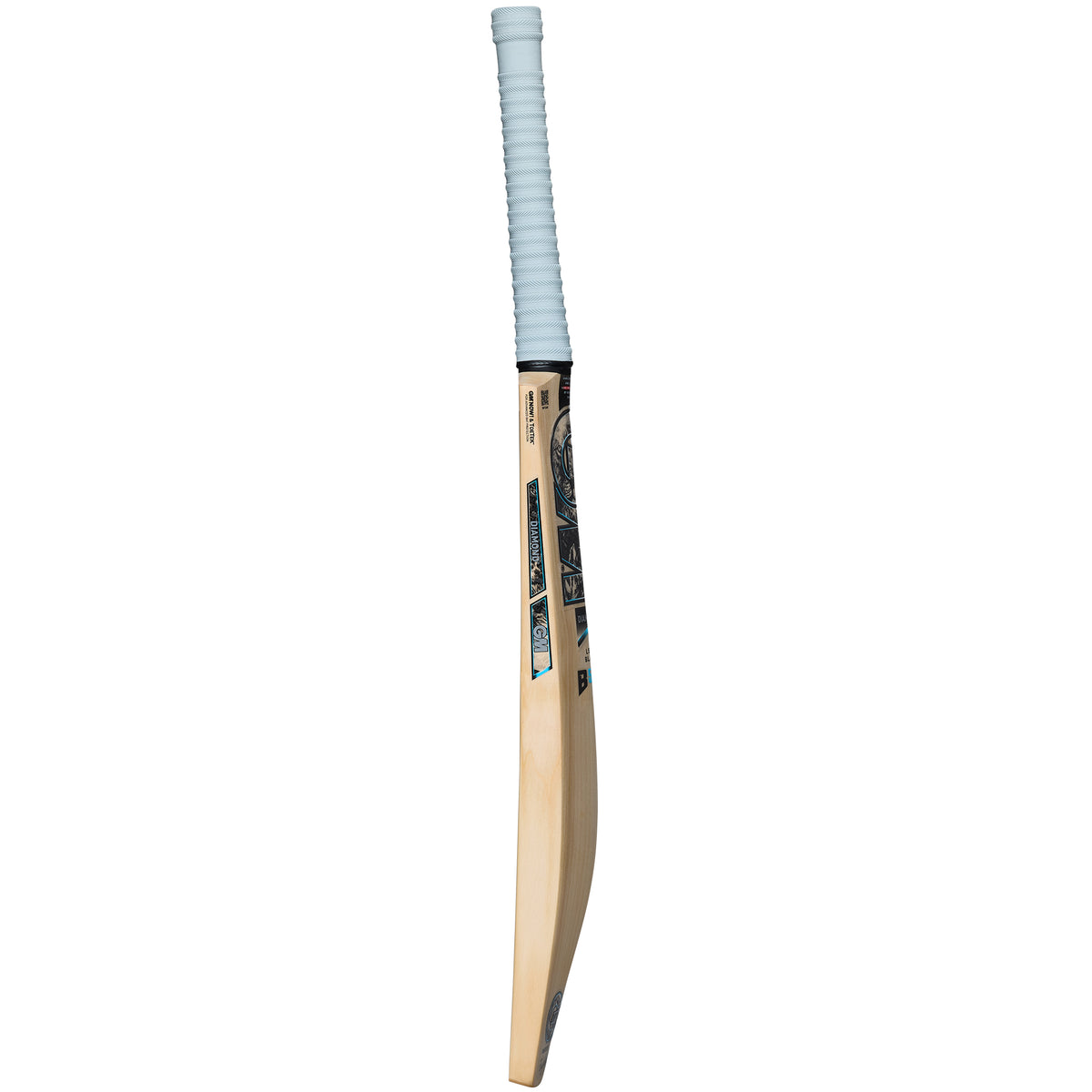 A Gunn & Moore Diamond DXM Junior Cricket Bat 2026 with a flat front, curved blade, light English willow wood, and white rubber grip is shown standing upright on its end.