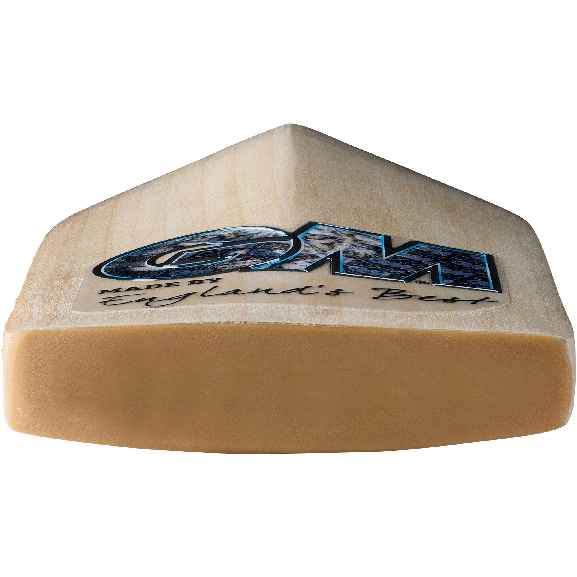 Close-up of the flat, broad toe on the Gunn & Moore Diamond DXM Senior Cricket Bat 2026, displaying the GM logo and "Englands Best" text above its thick, curved bottom edge—reminiscent of Ben Stokes’ iconic Diamond bat.